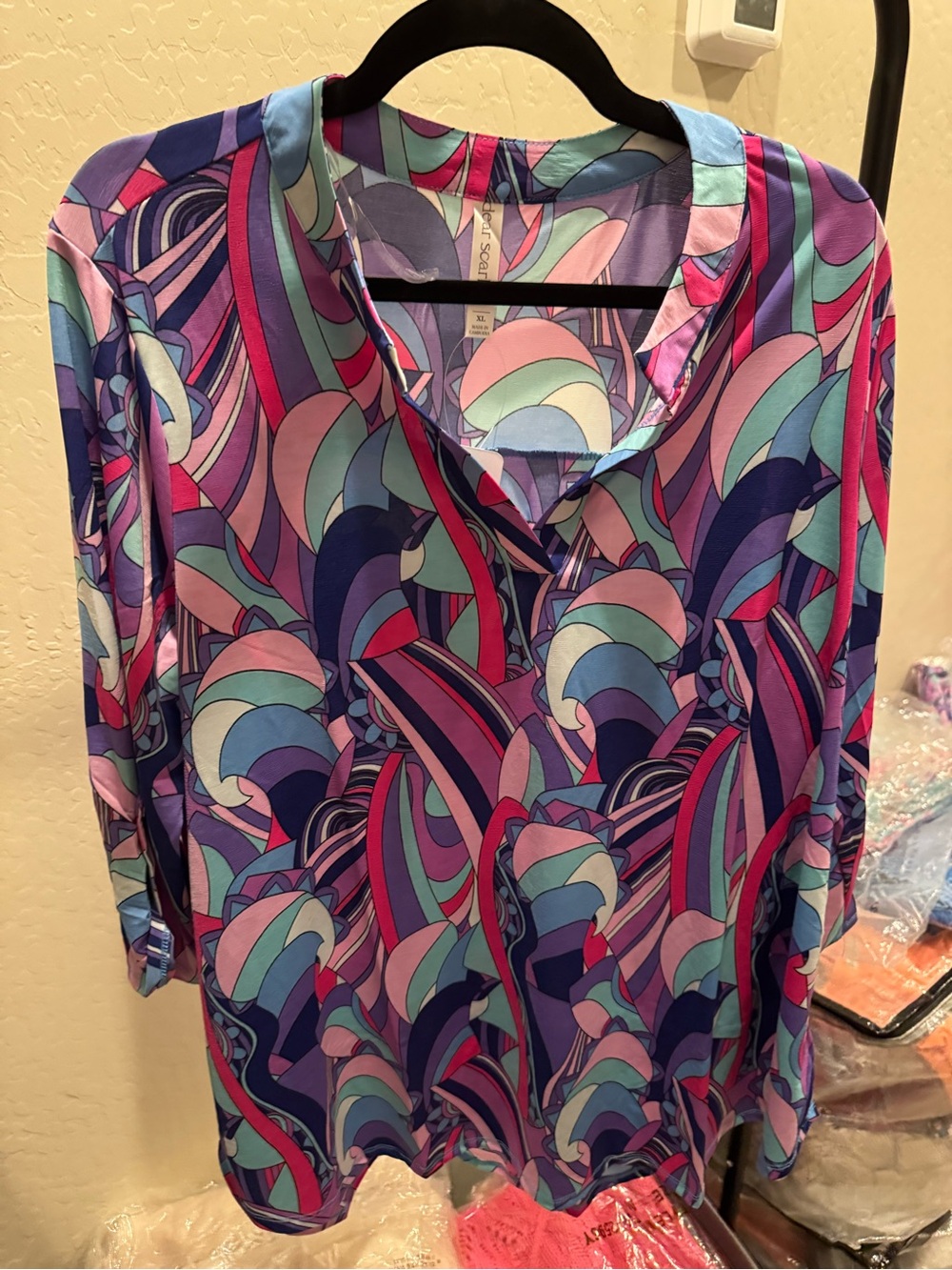 Women’s Multi-Color Patterned V-Neck Blouse by Dear Scarlett XL